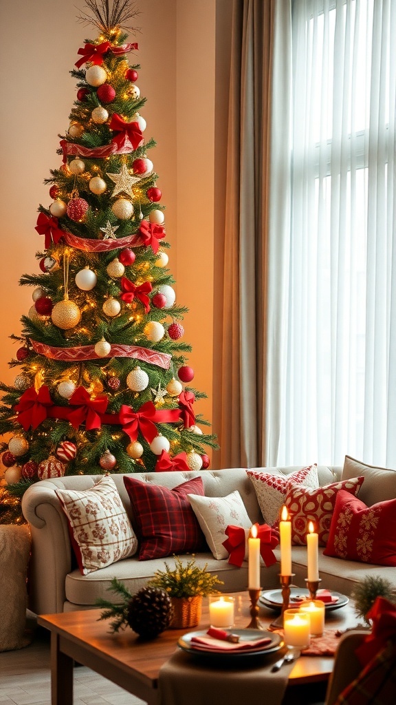 Christmas Decorations from Zara Home A cozy living room decorated for Christmas with a tree, festive cushions, and a beautifully set table.